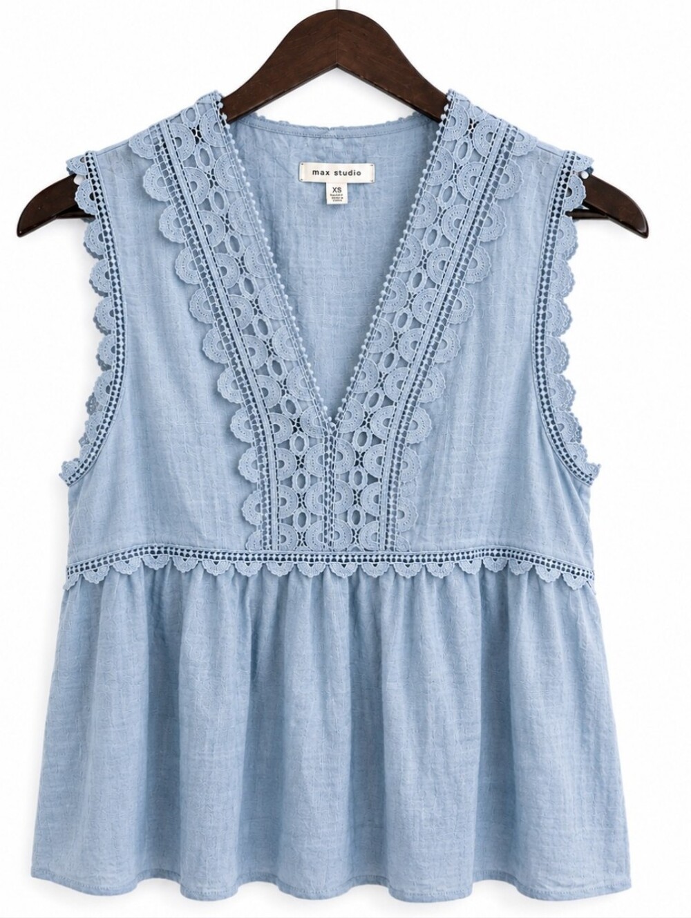 Max Studio Blue Eyelet Lace Sleeveless Cotton Peplum Blouse Sz XS